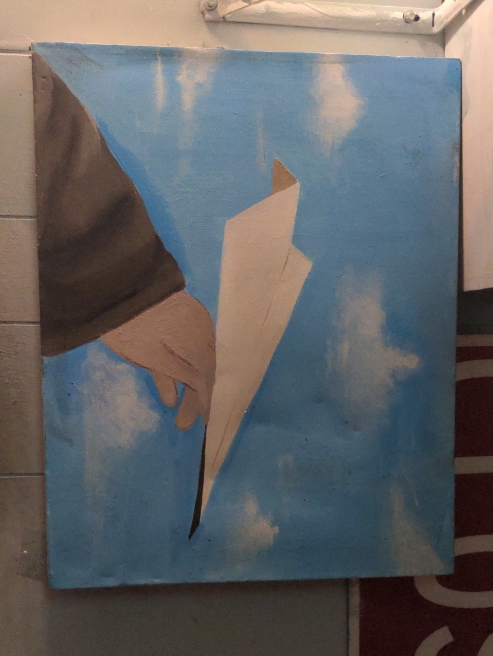Blue Sky Paper Airplane Canvas Art - Hand-Painted Wall Painting